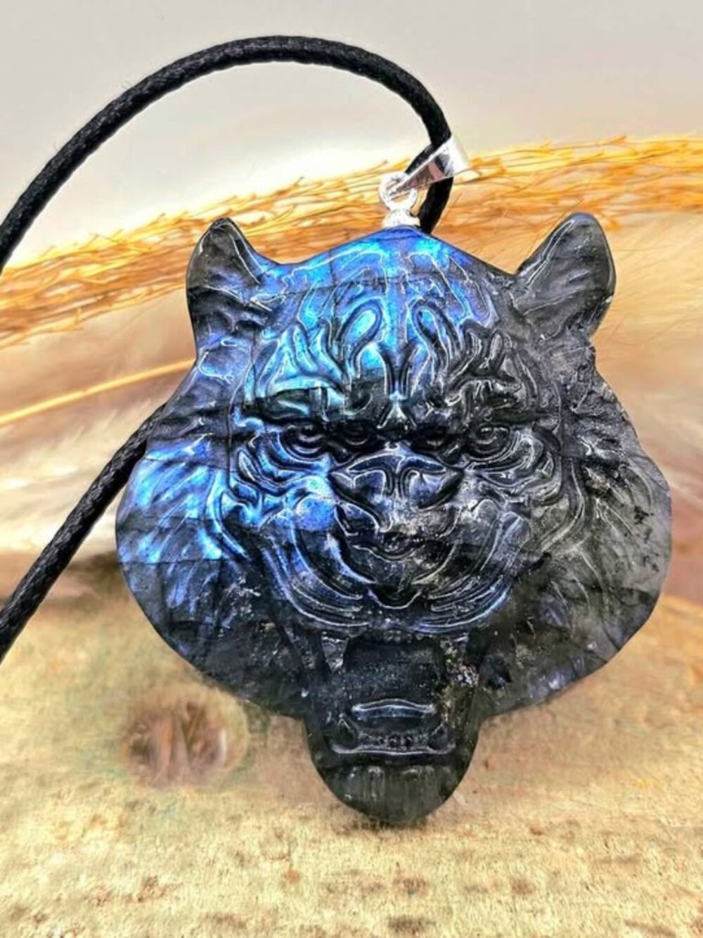 Nature Labradorite Carved Tiger Head Pendant Necklace